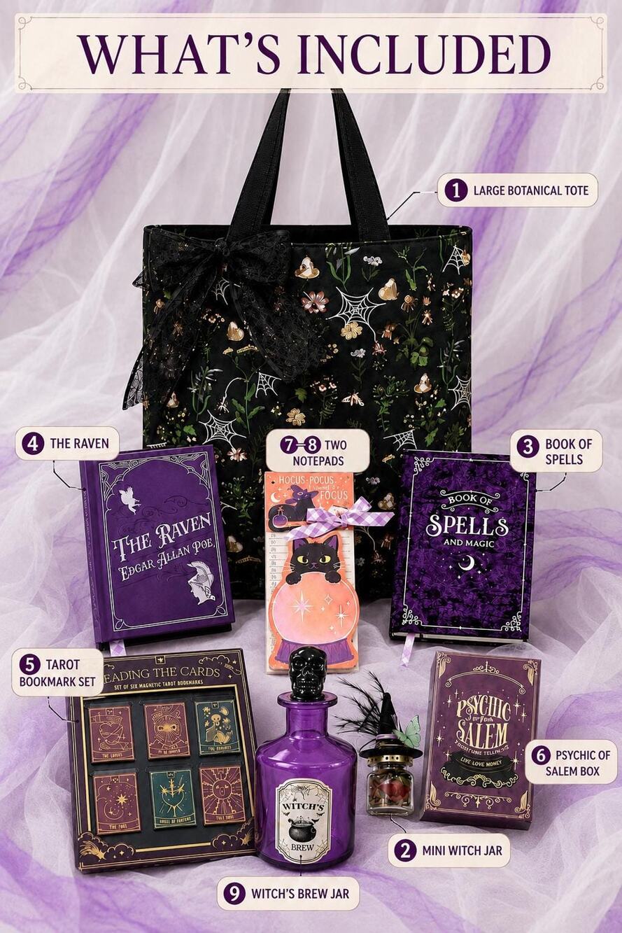 Witch Gift Set, Botanical Tote, Poe Book, Tarot Bookmarks, Witch Jar